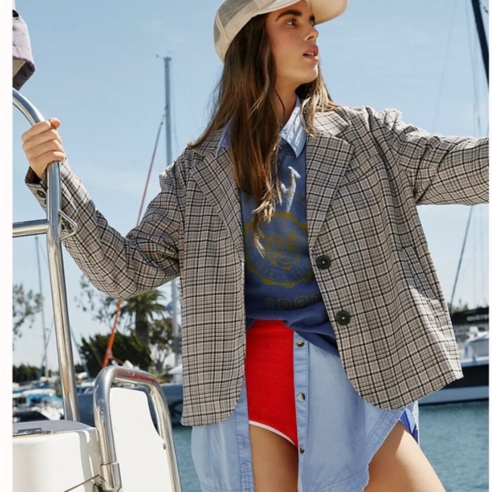 We The Free Cali Plaid Sz L Blazer Jacket Gray and Tan